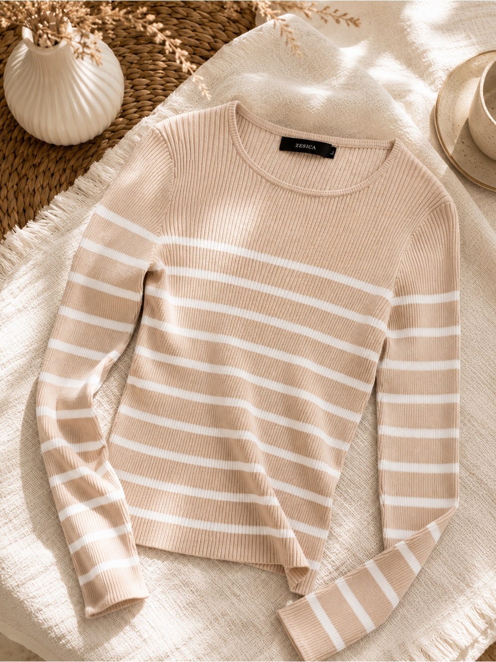 ZESICA Beige White Striped Ribbed Knit Sweater Long Sleeve Stretch Top Size L